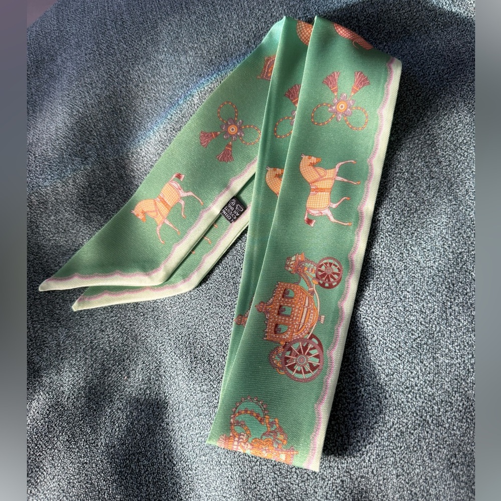 Green Silk Scarf with Horse and Carriage Design